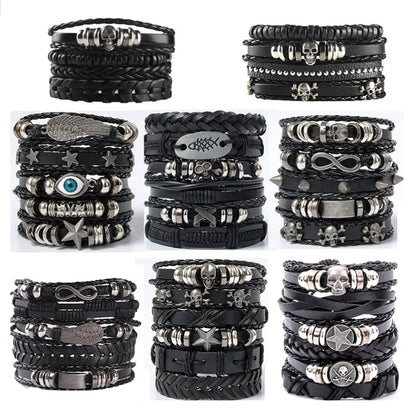 Punk Multilayer Antique Leather Bracelet Set Skull Eye Star Charms Hiphop Rock Y2K Vintage Pu Gothic Wristband Man Goth Jewelry