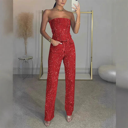 Rhinestone Denim Set Corset Shaping Crop Top Matching Slim Fit Jeans Party Clubwear Nightclub Cowgirl Style
