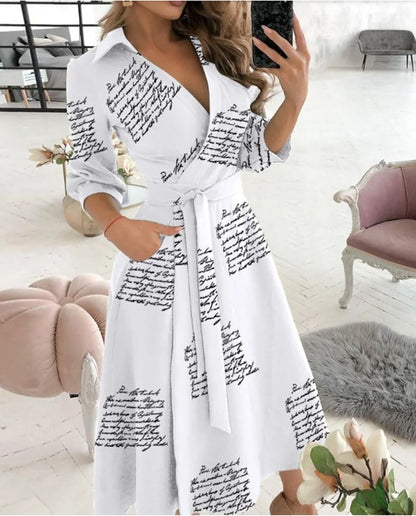 A-Line Wrap Summer Dress Long Sleeve V-Neck Dress Pocket Elegant Midi Party Dress