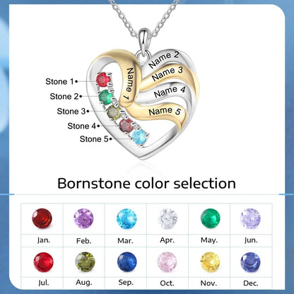 Personalized Love Heart Pendants Necklace 1-5 Kids Names Birthstone Mothers Day