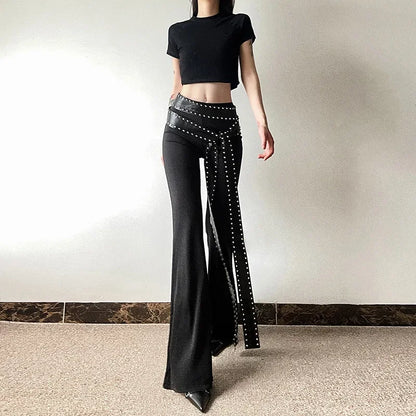 Punk Grunge Hoge Taille Flare Broek Effen Alt Streetwear Vrouwen Mall Gothic Casual Broek Met Kunstleer Riemen Slank