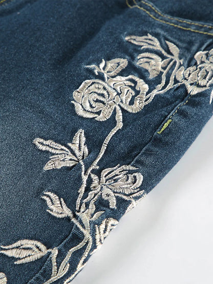 Woman's Flowers Embroidered Flared Denim Pants Slim Dragging Long Jeans