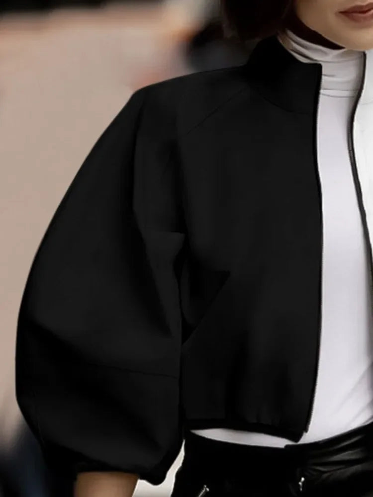 Female Stylish Stand Collar Zipper Jackets Loose Puff Sleeves Contrast Color Casual Fashion Outerwears 2025 New
