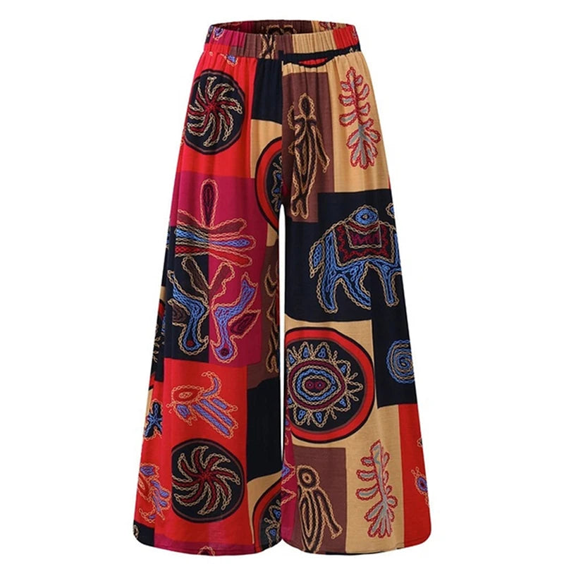 Women Elastic Pants Waist Loose Casual Print Wide Leg Pants Slim Elasticated Trousers Mid Waist