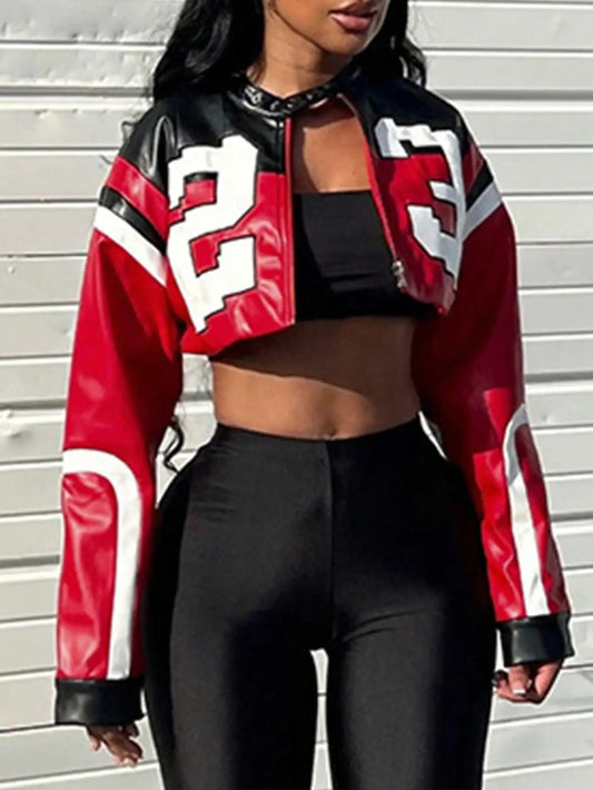 Faux Leather Jacket Short Red Coat Zipper Bomber Jacket Edgy Motorcycle Style