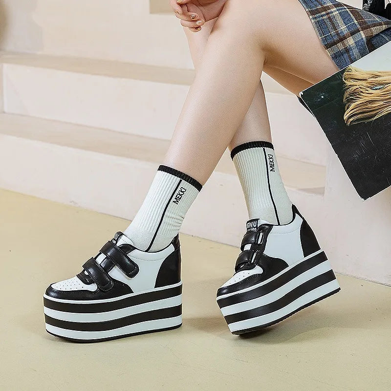 High quality 12cm Synthetic Genuine Leather Boot Ankle Platform Wedge High Brand Chunky Sneaker Shoes