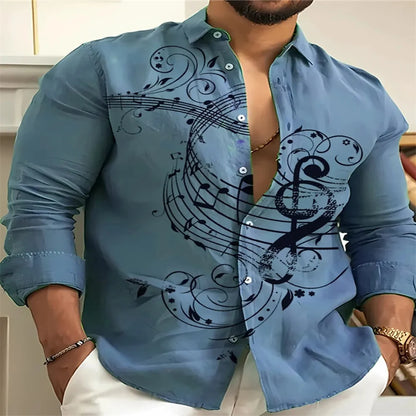 Music note print men's shirt casual open lapel top comfortable long-sleeved