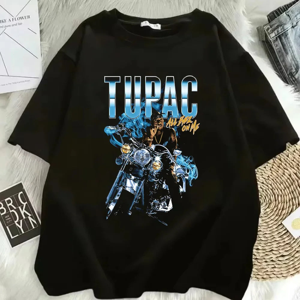 Summer Fashion T-shirt Rapper Tupac Top Hip-hop Street T-shirt with Printed Patterns Short-sleeved T-shirt for Men and Women