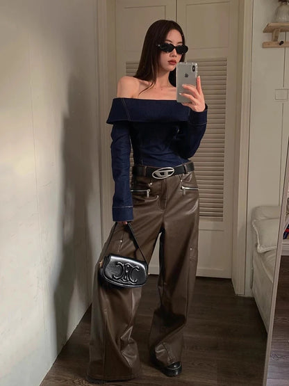 Denim Off Shoulder Blouse Top Plain Blue Long Sleeves T-shirt Blue / S Blue / L Blue / M Blue / S-Blue / L-Blue / M-