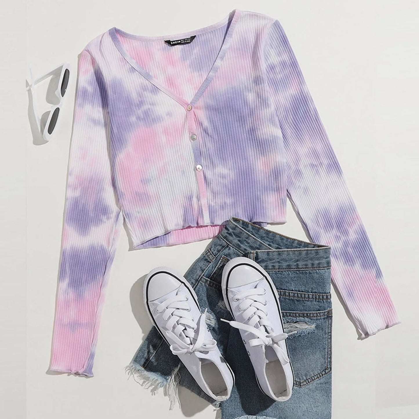 Tie Dye Ruched Crop Top V-neck Long Sleeve Ruffles Hem T-Shirt