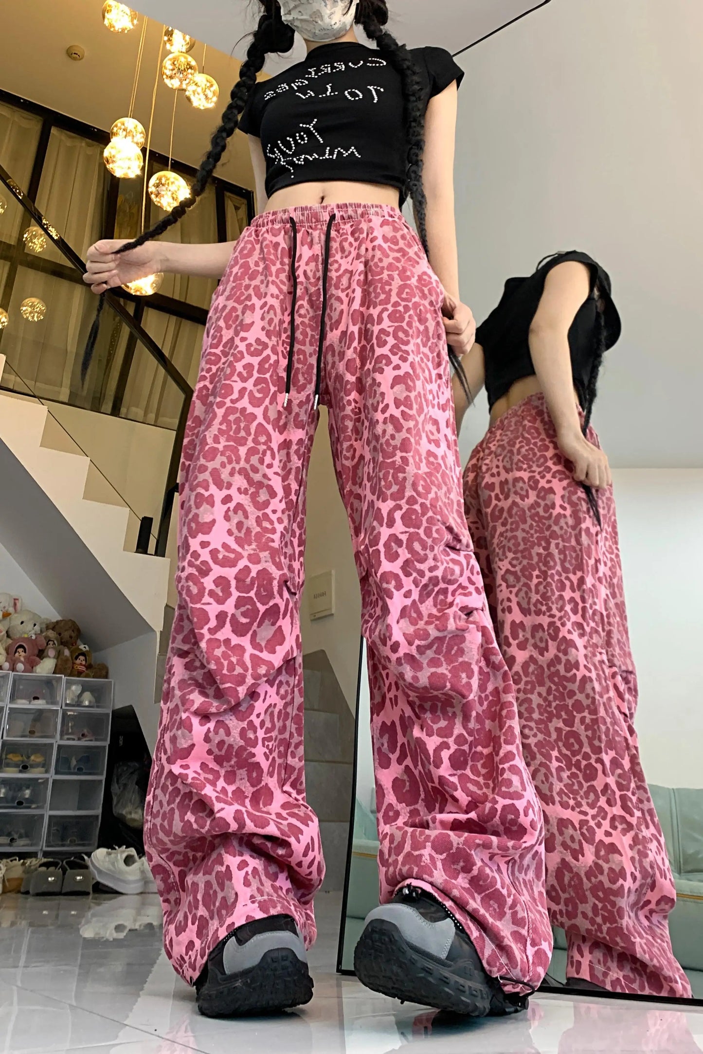 Women's Red Leopard Pants Jogger Harajuku Streetwear Sweatpants Loose Pants Y2k Retro 2000s Aesthetic Vintage Trousers Clothes