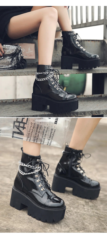 Gothic Black Boots for Women Chain Chunky Heel Platform Ankle Boots Zipper