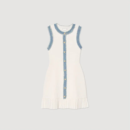 Denim Patchwork Skirts Round Collar Sleeveless Slim Dress Single-breasted Splicing