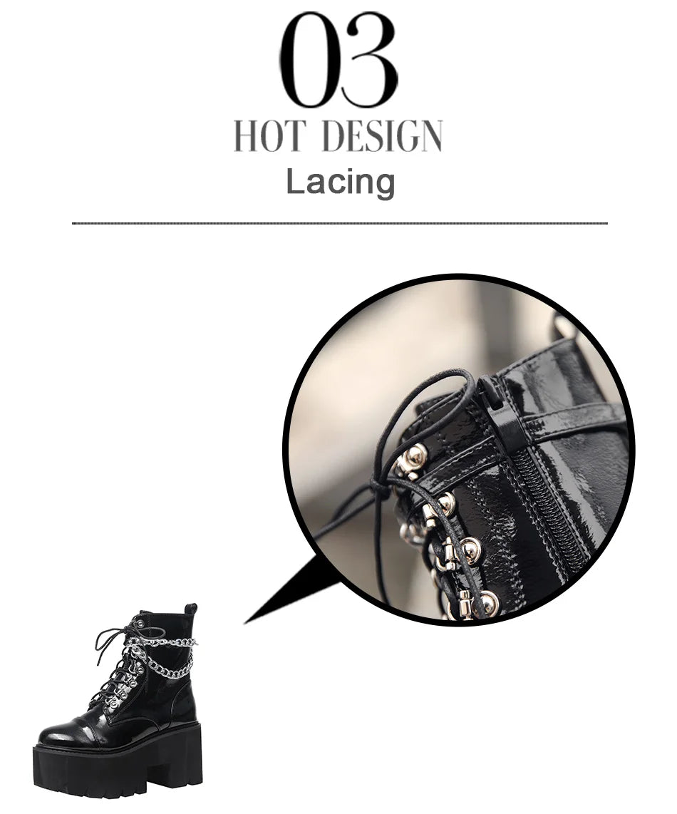 Gothic Black Boots for Women Chain Chunky Heel Platform Ankle Boots Zipper