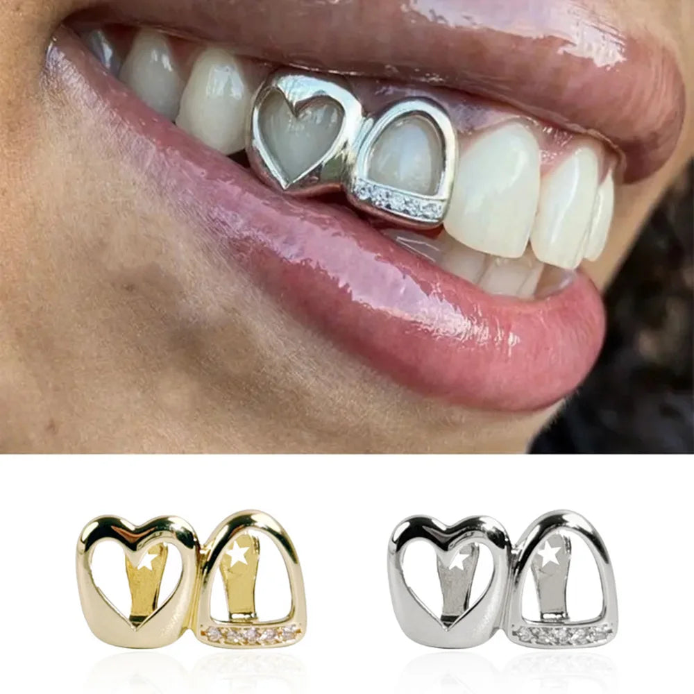 CZ Stone Double Hollow Heart Teeth Grillz Braces Vintage Punk Zircon Tooth Caps