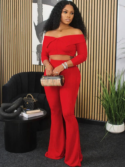 Knitted Two Piece Set Off Shoulder Slash Neck Crop Top and Flare Pants Set
