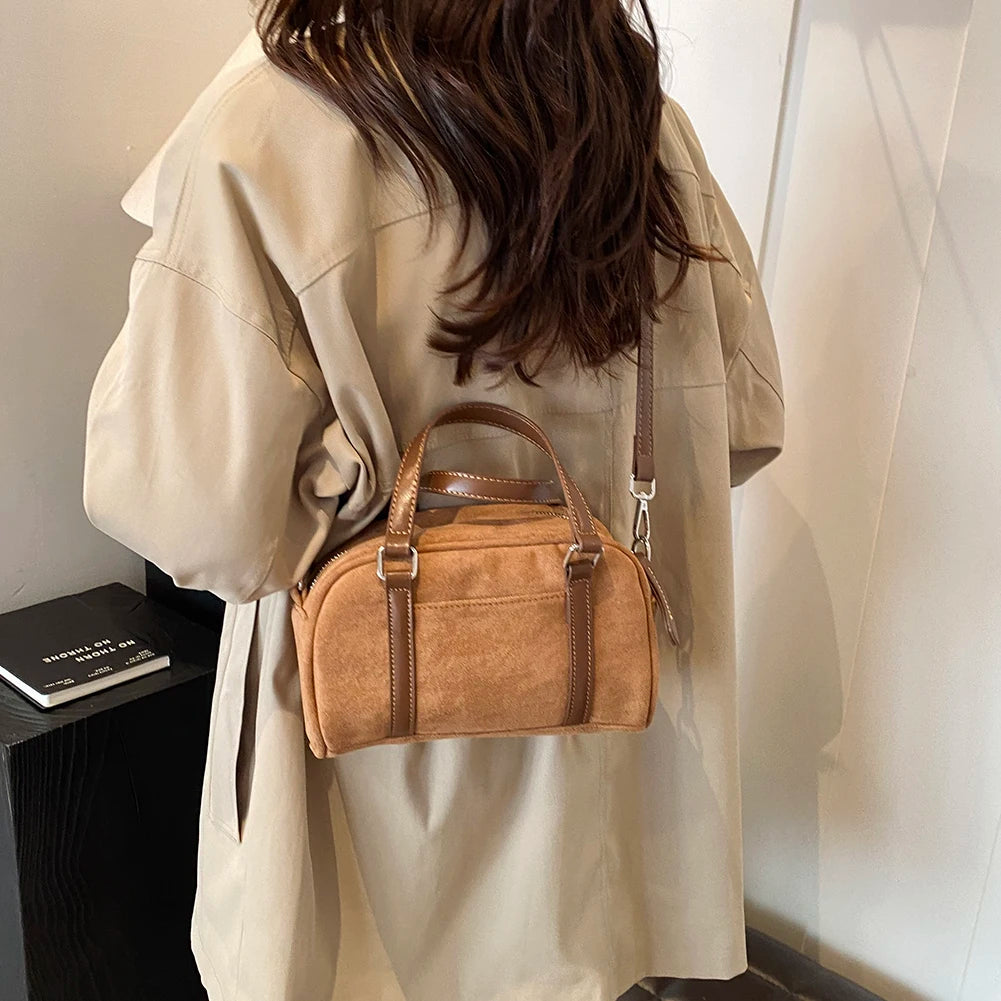 Women Suede Shoulder Bag Adjustable Strap Boston Bag with Interior Pocket Top Handle Bag Zipper Handbag for Work Travel