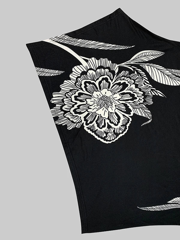 Asymmetric Floral Printed High Neck T-Shirt Long Batwing Sleeve Loose Casual