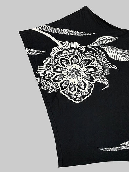 Asymmetric Floral Printed High Neck T-Shirt Long Batwing Sleeve Loose Casual