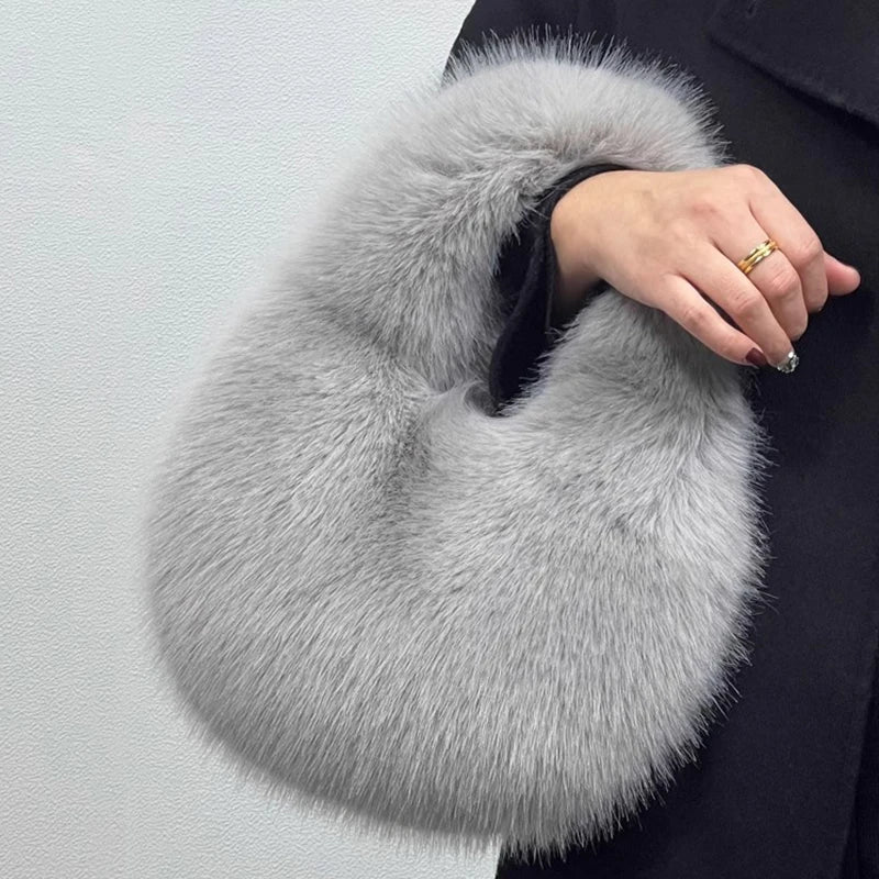 Soft Plush Half Moon Bags for Women Designer Fluffy Faux Fur Lady Handbags Luxury Small Tote