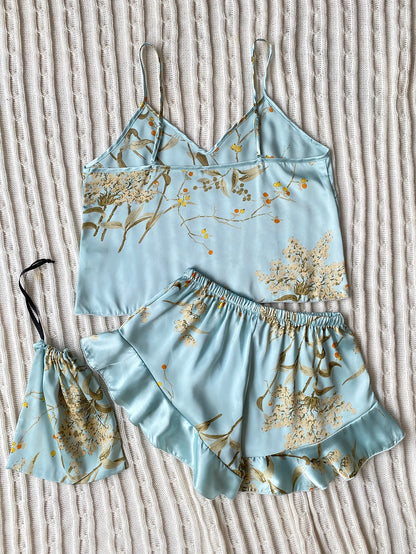Elegant Floral Print Cami Tops   Ruffle Hem Shorts Pajama Set  Women's Sleepwear
