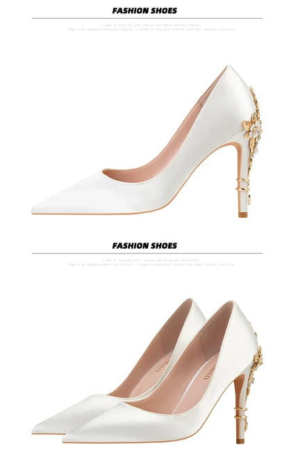 Women's Metal Flowers Stiletto High-heel Shoes Female  Light Luxury Wedding Shoes Pointed Toe