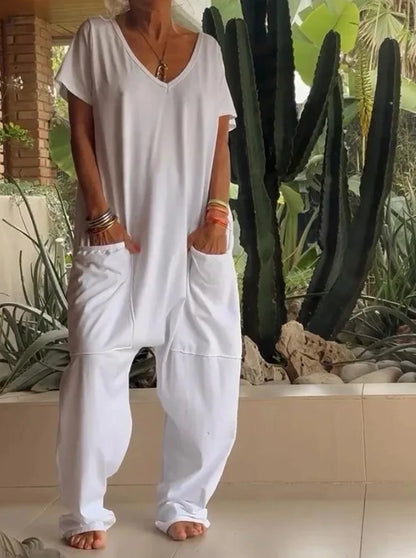 Loose Solid Color Jumpsuit Fashion Casual V-neck Short Sleeved Large Pocket Jumpsuits