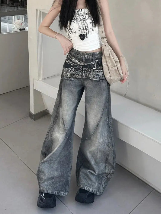 Women's Cargo Baggy Casual Jeans Y2K American High Street Harajuku 2000S Streetwear Aesthetics Vintage Jeans Pants Clothing 2025