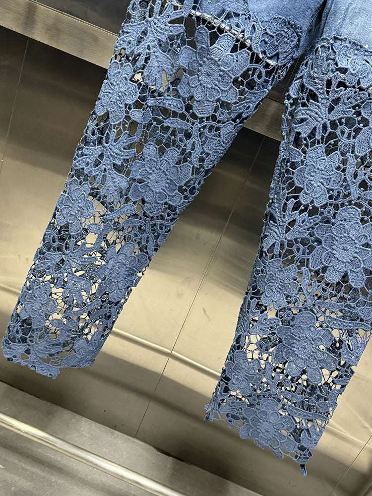 VGH Casual Hollow Out Spliced Lace Solid Jeans For Women High Waist Patchwork Pockets Minimalist Loose Wide Leg Pants Female New blue / XXXL blue / XXL blue / XL blue / XXXL-blue / XXL-blue / XL-blue / L-blue / M-blue / S-