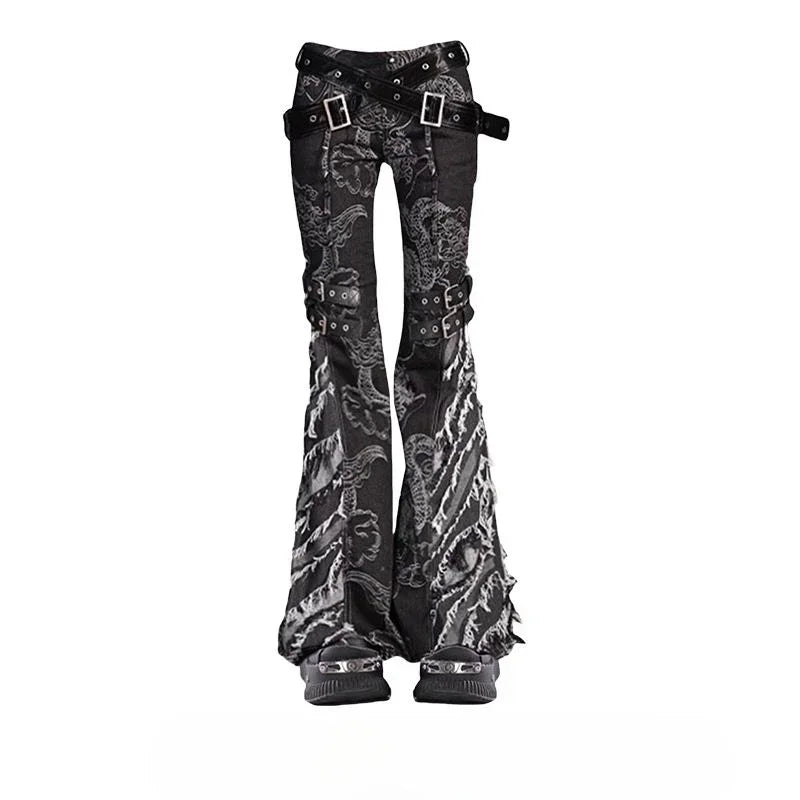 American Subculture Printed Dragon Pattern Raw Edge Slightly Flared Jeans Women's Low-waisted Slim Fit Flared Pants