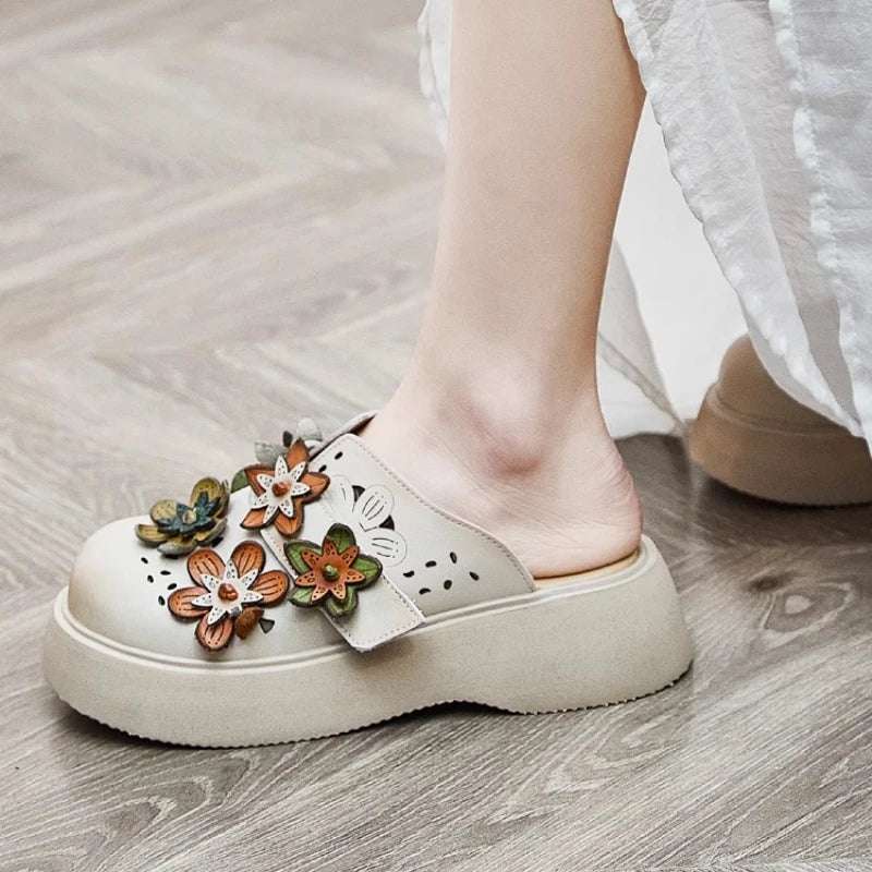5cm Cow Genuine Leather Flats Comfy Shoes Platform Wedge Appliques Flower Hook Hollow Elthnic Women Slipper Mary Jane Rubber beige / 35 red / 40 red / 39 beige / 35-red / 40-red / 39-red / 38-red / 37-red / 36-red / 35-beige / 40-beige / 39-beige / 38-beige / 37-beige / 36-