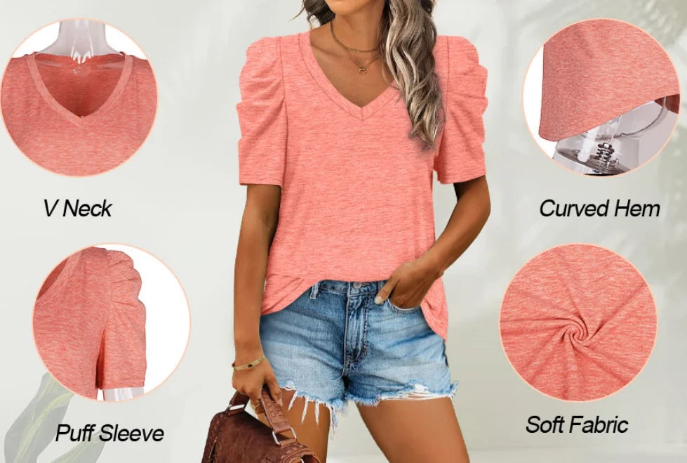 Women's Casual Summer Top Puff Short Sleeve Tee Shirt Cotton Pullover Blouse V-neck Solid Color Loose