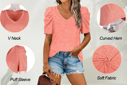 Women's Casual Summer Top Puff Short Sleeve Tee Shirt Cotton Pullover Blouse V-neck Solid Color Loose