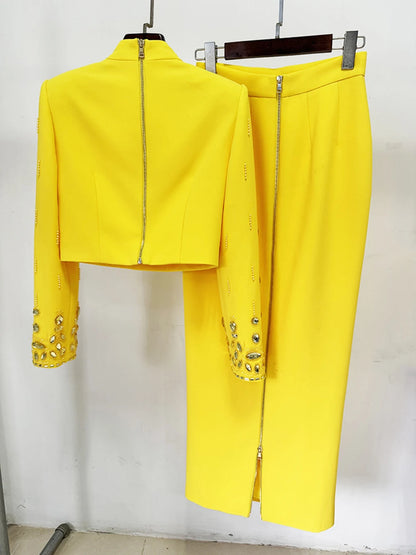 Long Sleeve Short Top and Mini Skirt Suit Outfit, Diamond Beaded Design,High Quality, 2 Pcs Set