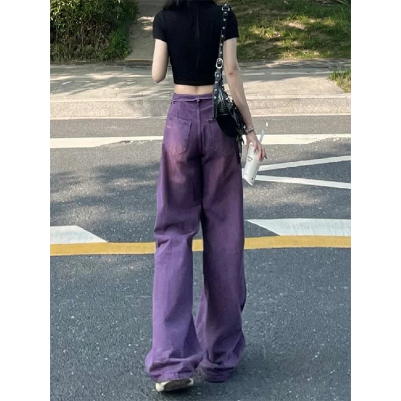 Women's Purple Baggy Jeans Harajuku Aesthetic Y2k Oversize Denim Trousers High Waist Cowboy Pants Vintage 2000s Trashy Clothes