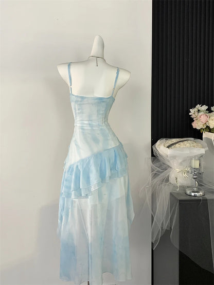 Women's Blue A-line Chiffon Dress Elegant Mini Dress Vintage Y2k Sleeveless Off Shoulder One Piece Frocks 2000s Clothes Summer