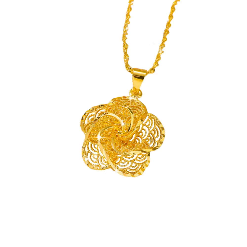 Luxury 24K 9999 Pure Gold real gold Women's Large Hollow Flower Pendant Necklace