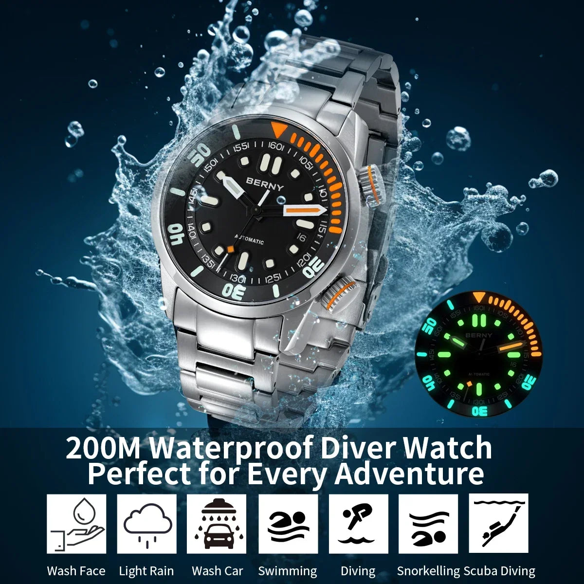 Automatic Dive Watch for Men Super Luminous Original Design 20 ATM Diver Wristwatch Sapphire
