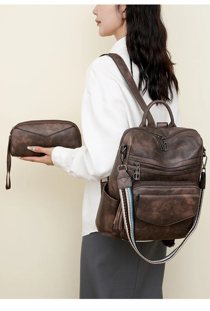 Backpack for Women Large Womens Backpack Leather Purse Designer Ladies Shoulder Bags with Tassel Two-toned Brown