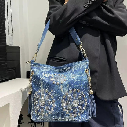 Gradient Diamond Elegant Shoulder Bag Large Capacity Diamond Denim Handbag