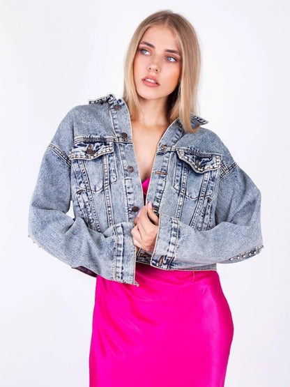 Denim Jacket Female Light Blue Diamond Tassel Coat Single-Breasted Open Back Women Jeans Coat