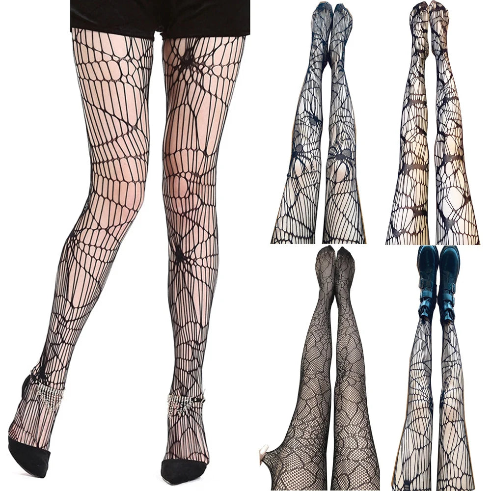 Goth Fishnet Pantyhose Spider Web Patterned Hollow Out Mesh Tights