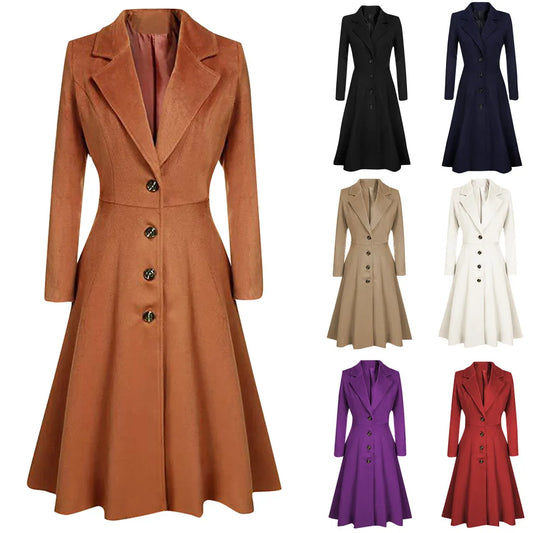 Lapel Button Long Trench Coat Windbreak Overcoat Women Jacket