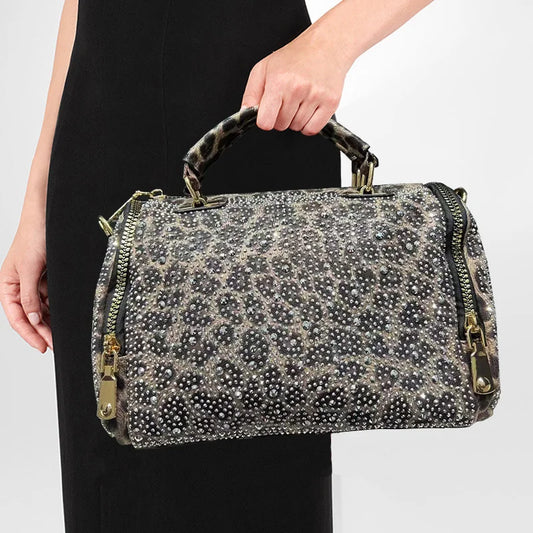 Ladies' fashionable and gorgeous diamond studded tote bag with leopard pattern and full diamond cylindrical handbag