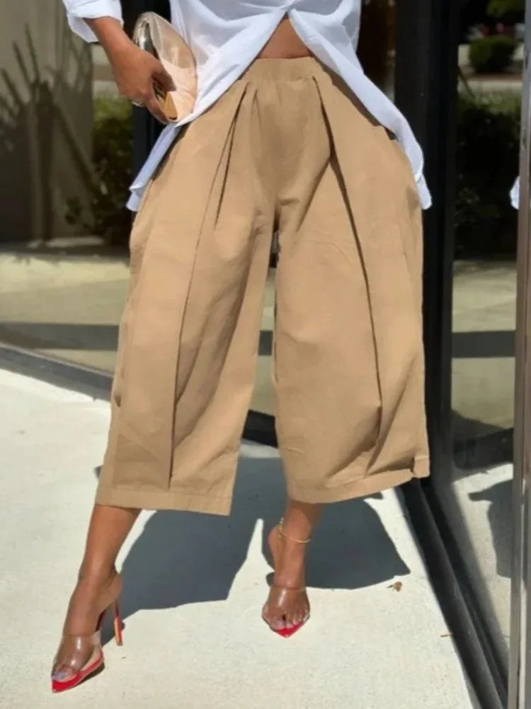 Women's Solid Color Cotton Blend Cropped Pants Casual Loose High-Waisted Wide Leg Trousers