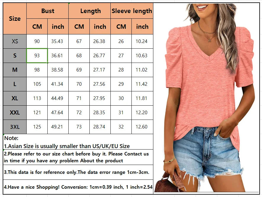 Women's Casual Summer Top Puff Short Sleeve Tee Shirt Cotton Pullover Blouse V-neck Solid Color Loose