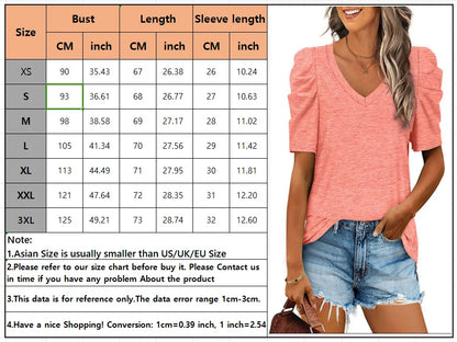 Women's Casual Summer Top Puff Short Sleeve Tee Shirt Cotton Pullover Blouse V-neck Solid Color Loose
