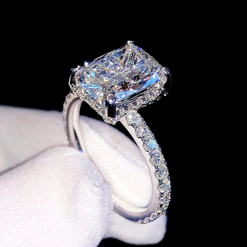 BXINY 4CT Emerald/Radiant Cut Full Moissanite Rings S925 Silver for Women Rectangle Diamond Wedding Bands Gifts Jewelry With GRA