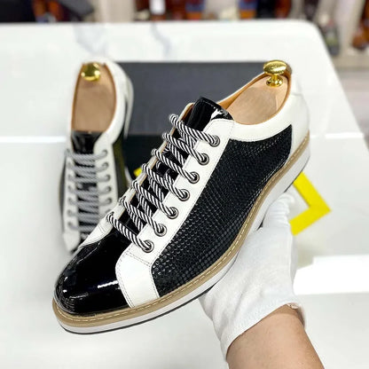 Luxury Brand Large Size Men's Flat Sneakers 6 to 13 Patent Leather Lace-up Black White Casual Shoes for Men