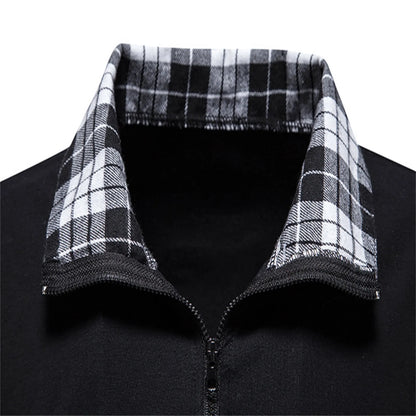 Men's Polo Shirt Zipper Long Sleeve Business Pullover Tops Formal Work Plaid